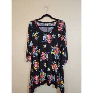 Woman Within Black Multi Floral 3/4 Sleeves The High-Low Hem‎ Tunic Top 18/20